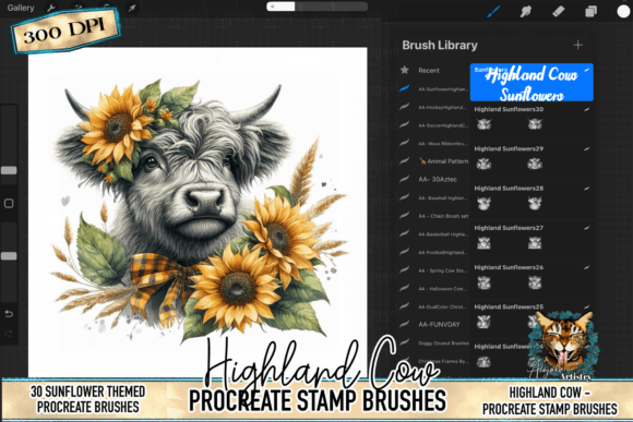 Sunflower Highland Cow Procreate Stamps: Rustic Digital Art Made Easy